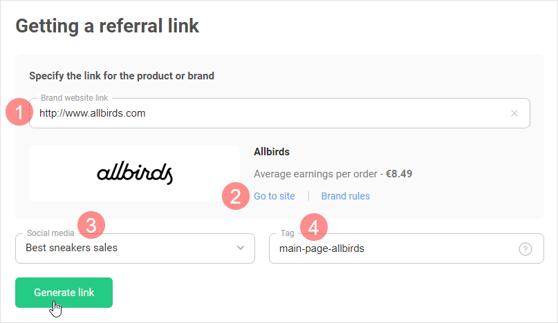 Создание реферальной ссылки в разделе «Brands»