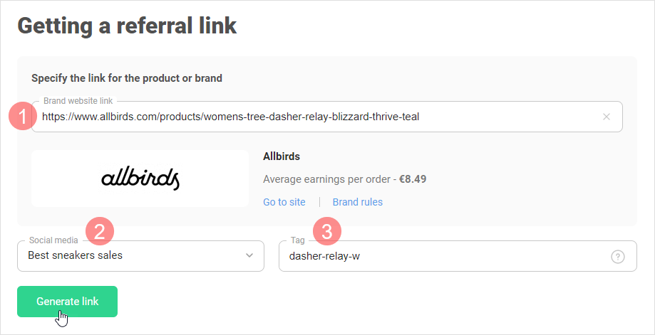 Creating a referral link under <b>Get link</b>