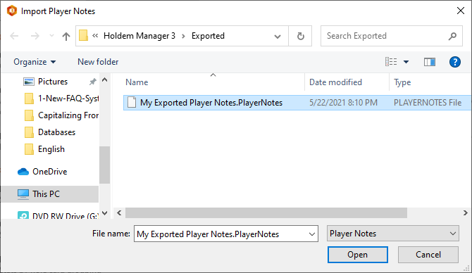 Screen showing how to import poker player note files.