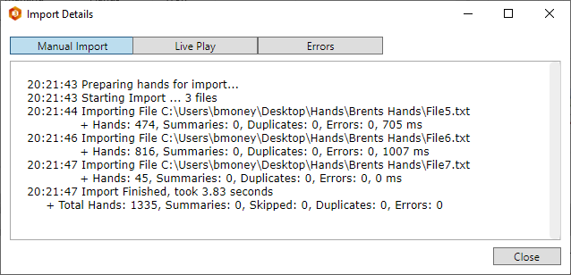 Import details screen showing history and errors.