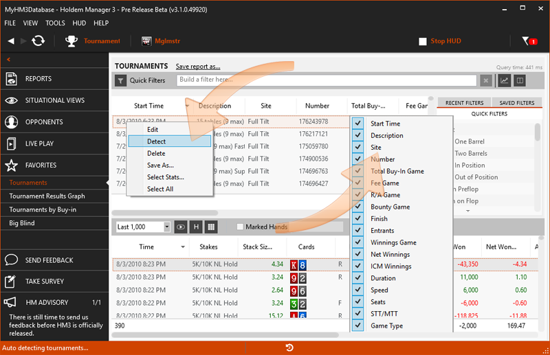 Using the tournament detection options in HM3