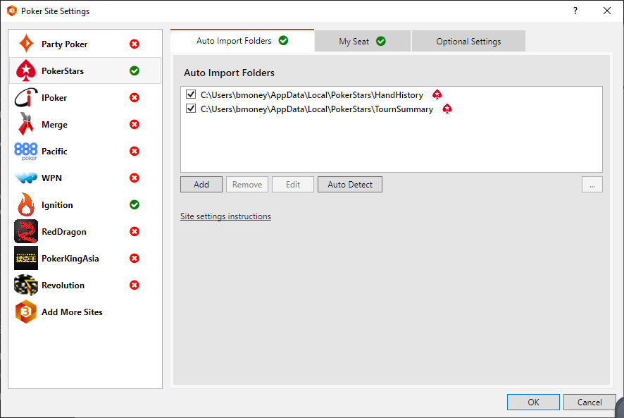 Poker Site Settings screen.