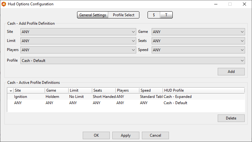 Setting up new HUD profiles for different table types