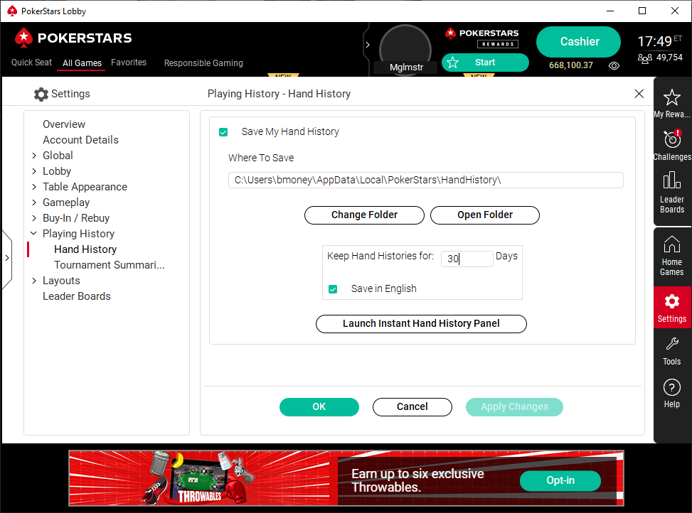 Poker Stars Hand History Options in poker client