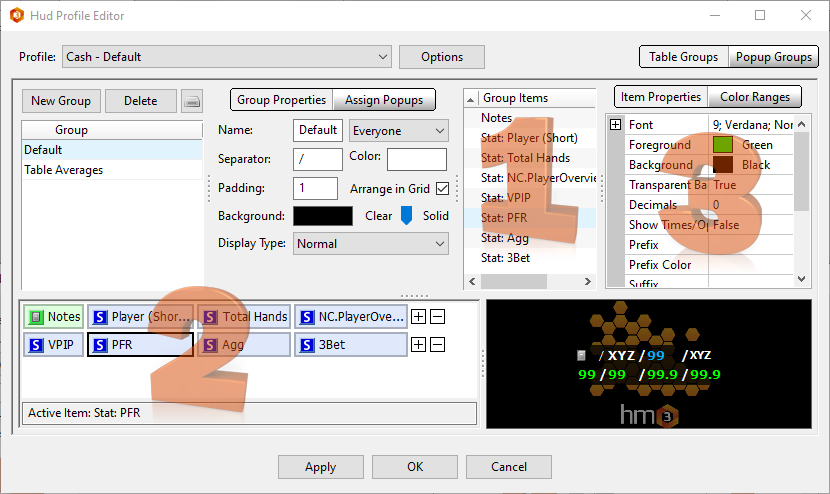 Description of Group Items in the HM3 HUD Editor.