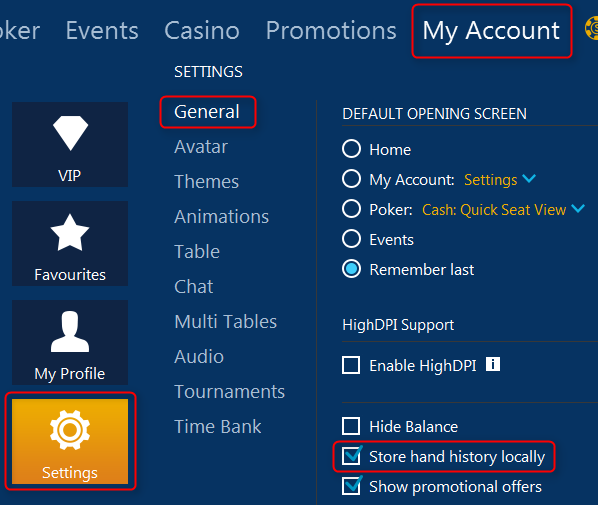 ipoker hand history options in poker client