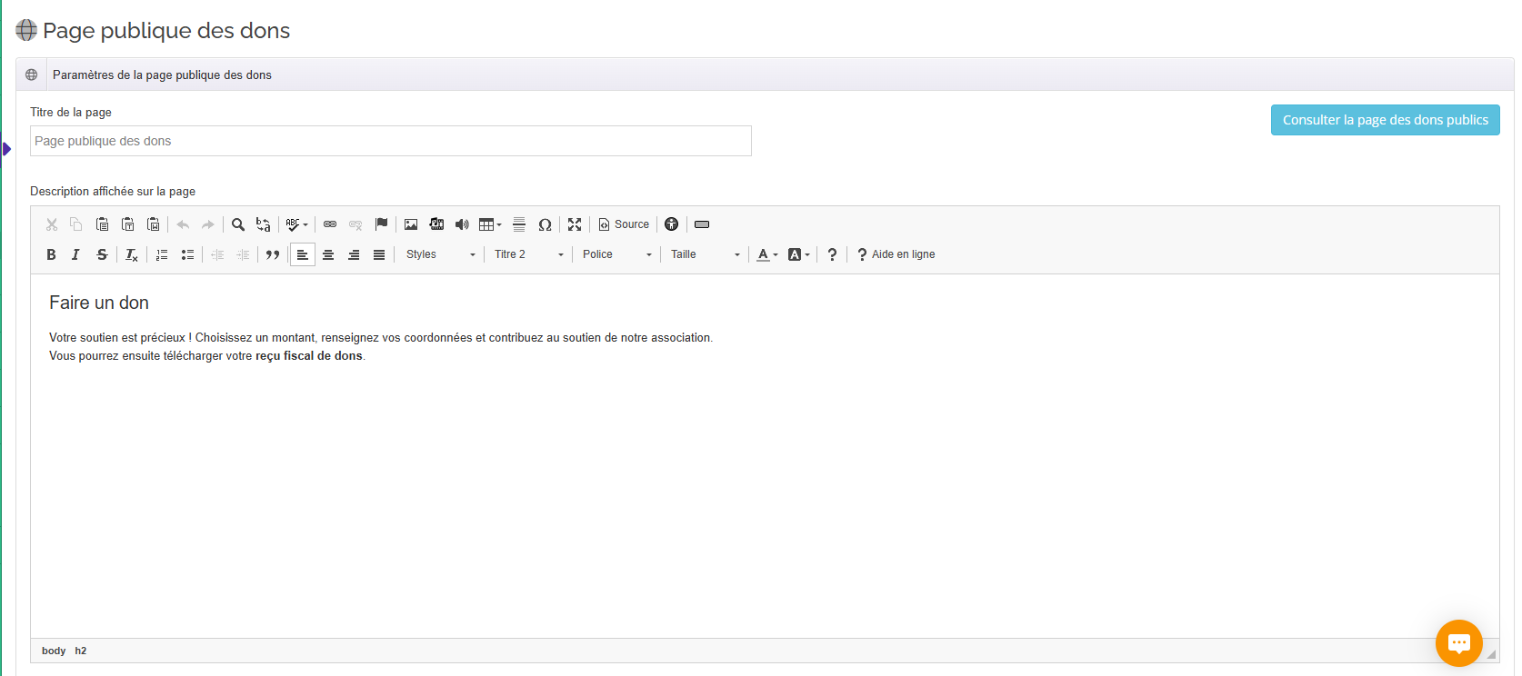 Configuration de la page publique de dons