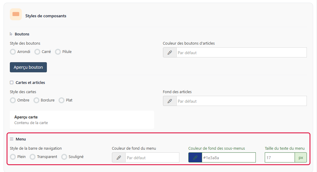 Section Menu des Styles de composants, onglet Apparence