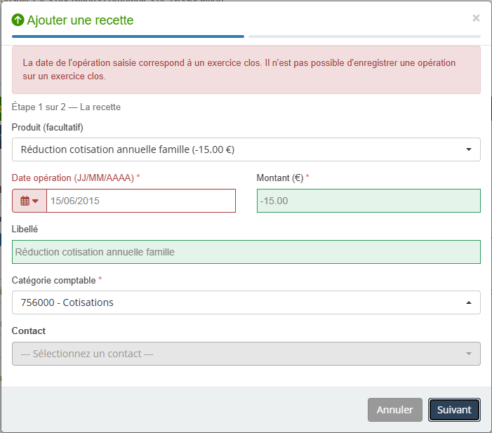 Refus d'une date dans un exercice clos