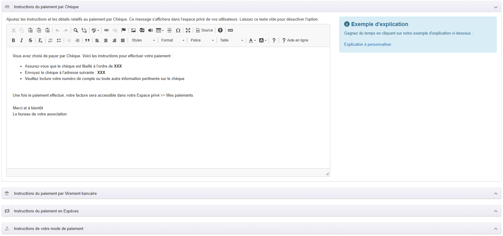 Éditeur de texte pour configurer les modes de paiement