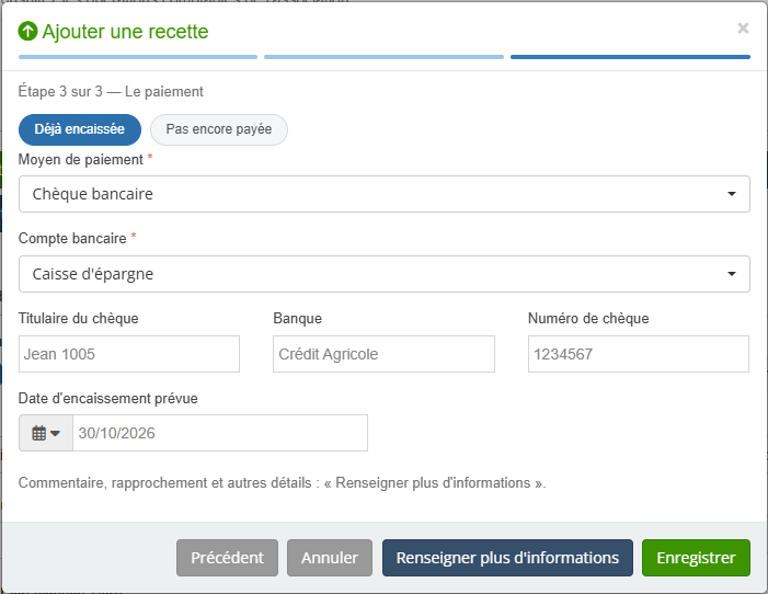 Ajouter une recette, étape Le paiement, par chèque
