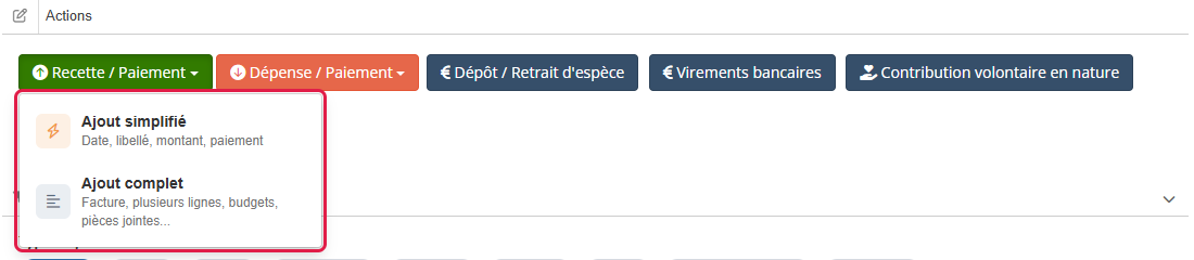 Menu du bouton Recette / Paiement : Ajout simplifié et Ajout complet
