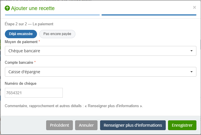 Avoir remboursé par chèque : seul le numéro est demandé