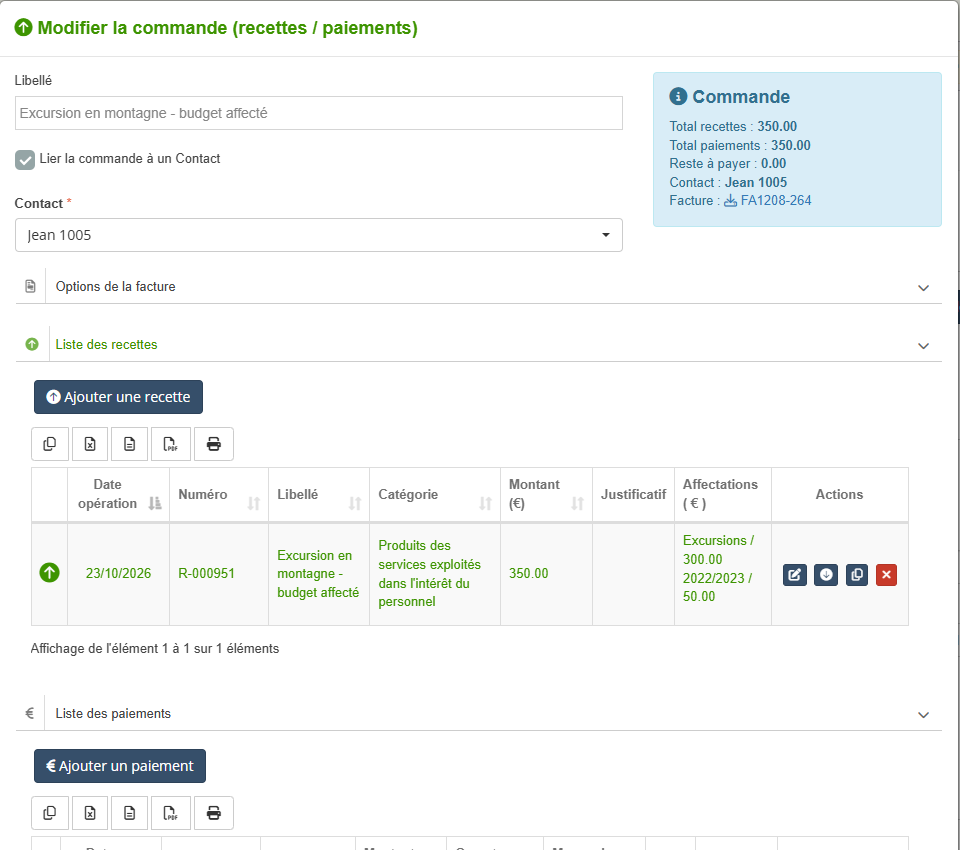 La commande ouverte dans l'ajout complet