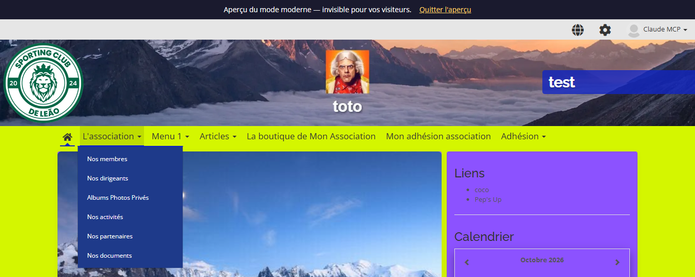 Aperçu du mode moderne : sous-menu déplié avec la couleur de fond choisie