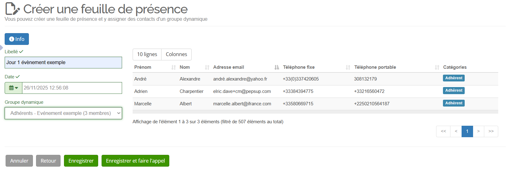 Interface d'ajout d'une feuille de présence