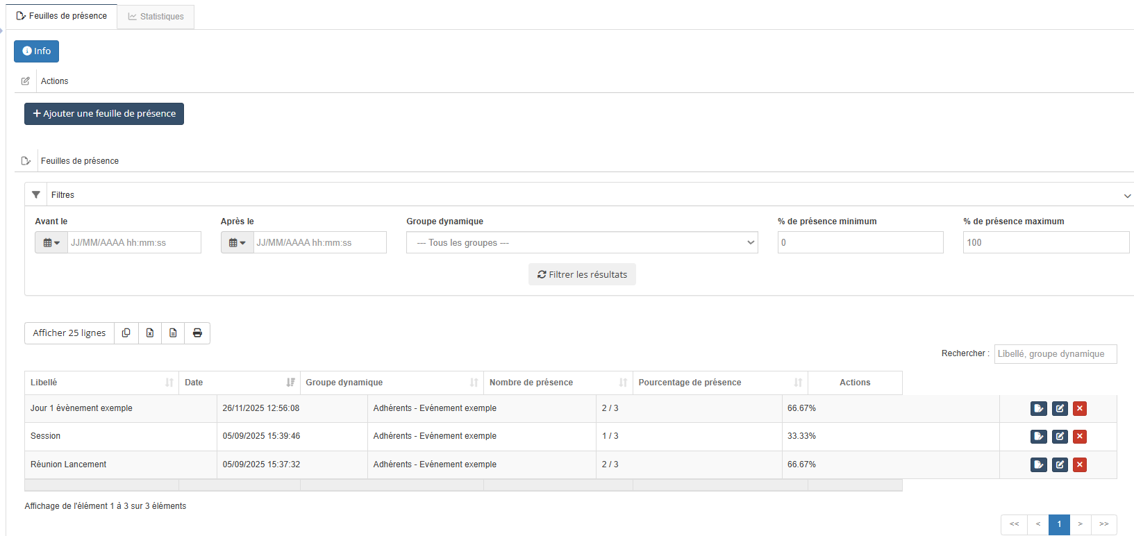 Tableau récapitulatif des feuilles de présence
